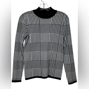 T Tahari Black & White Houndstooth Mock Neck Knit Sweater Small